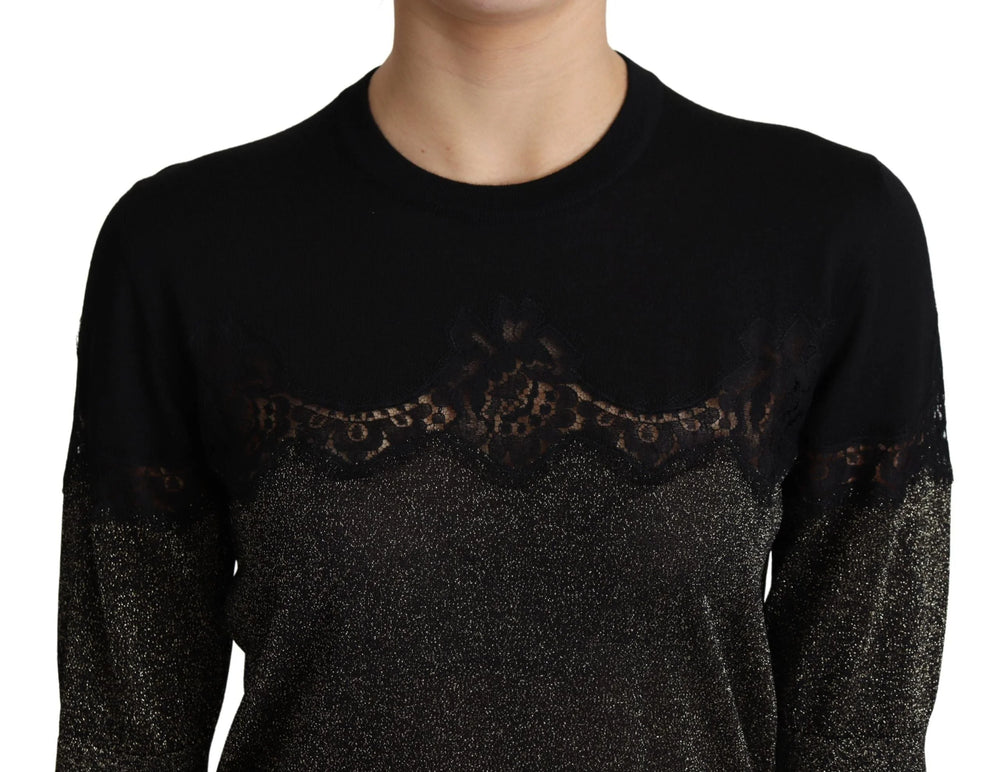 Dolce & Gabbana Black Shiny Lurex Lace Insert Pullover Top - Sweaters