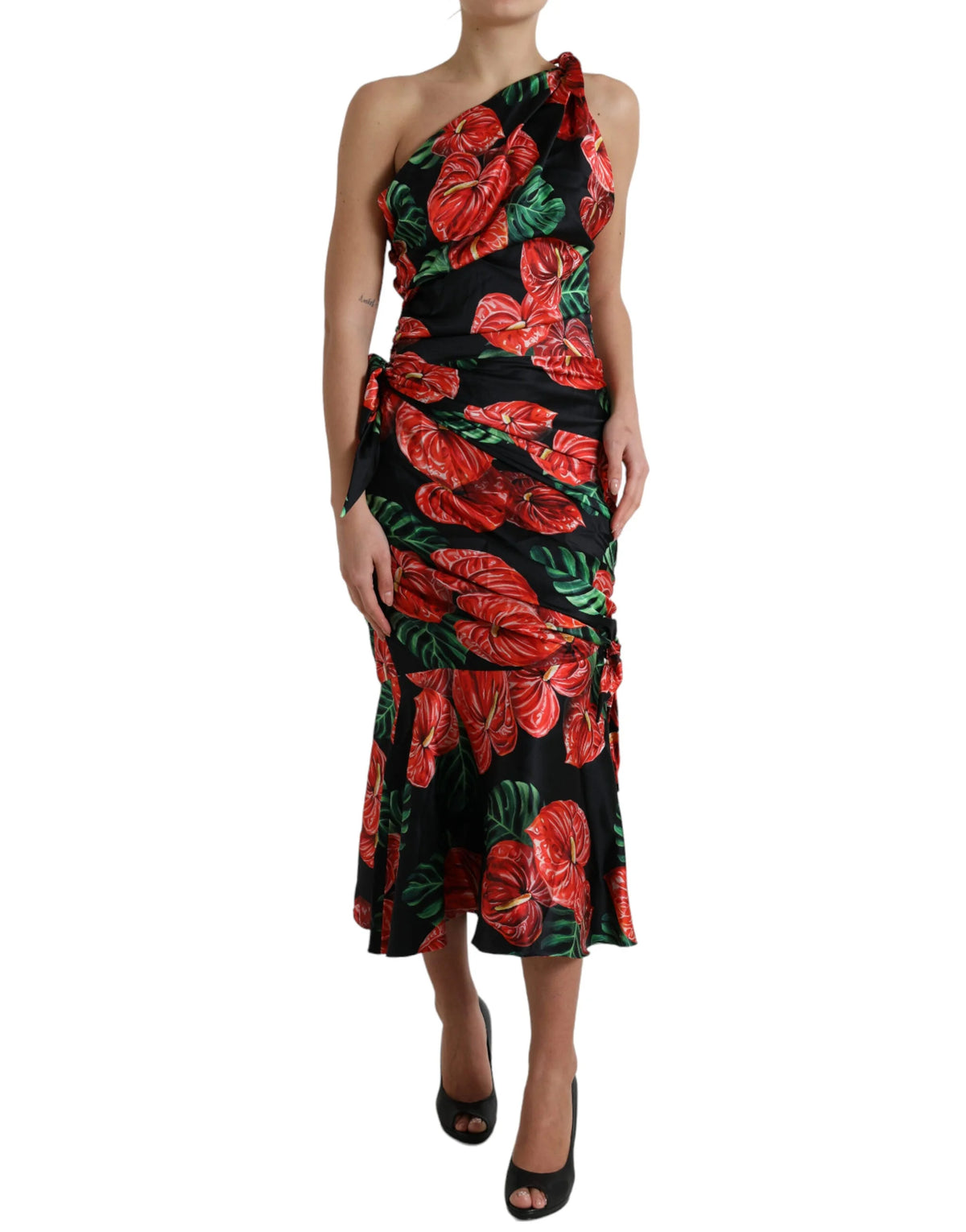 Dolce & Gabbana Black Shiny Silk Floral Print Draped Dress - IT44 | L - Dresses