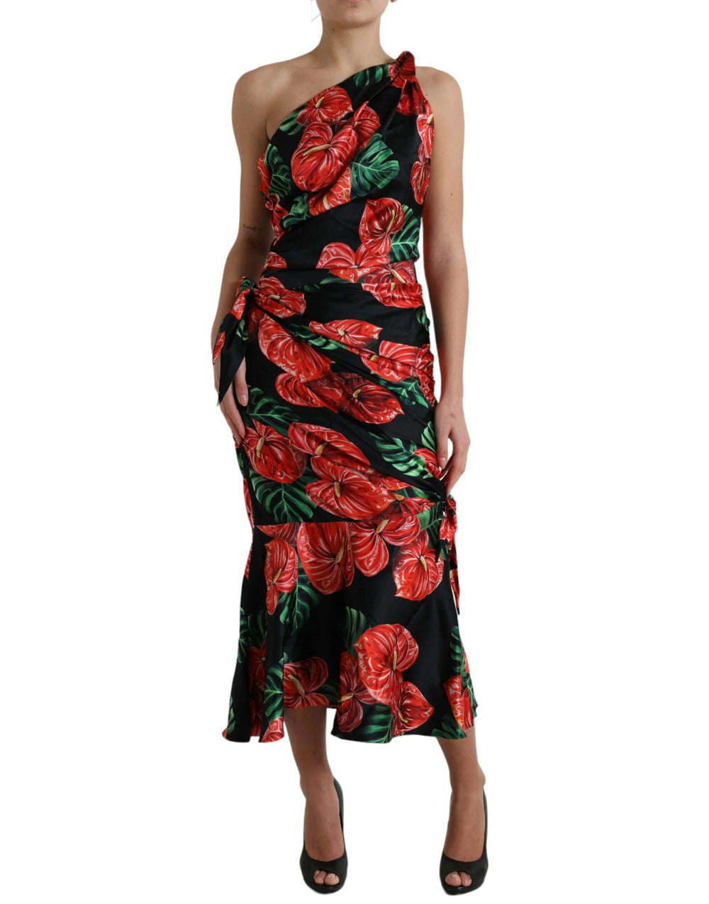 Dolce & Gabbana Black Shiny Silk Floral Print Draped Dress - IT44 | L - Dresses