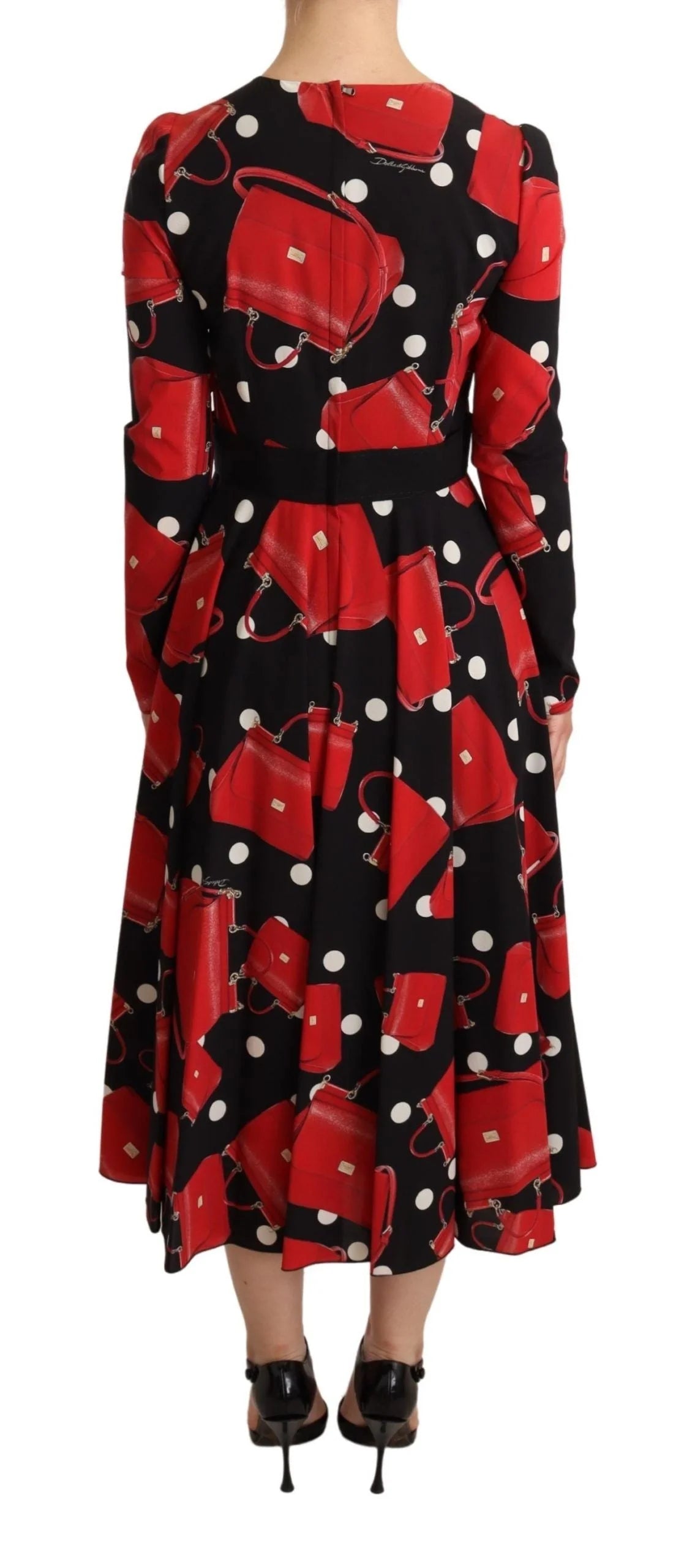 Dolce & Gabbana Black Sicily Bag Print Flared Midi Dress - IT38|XS - Dresses