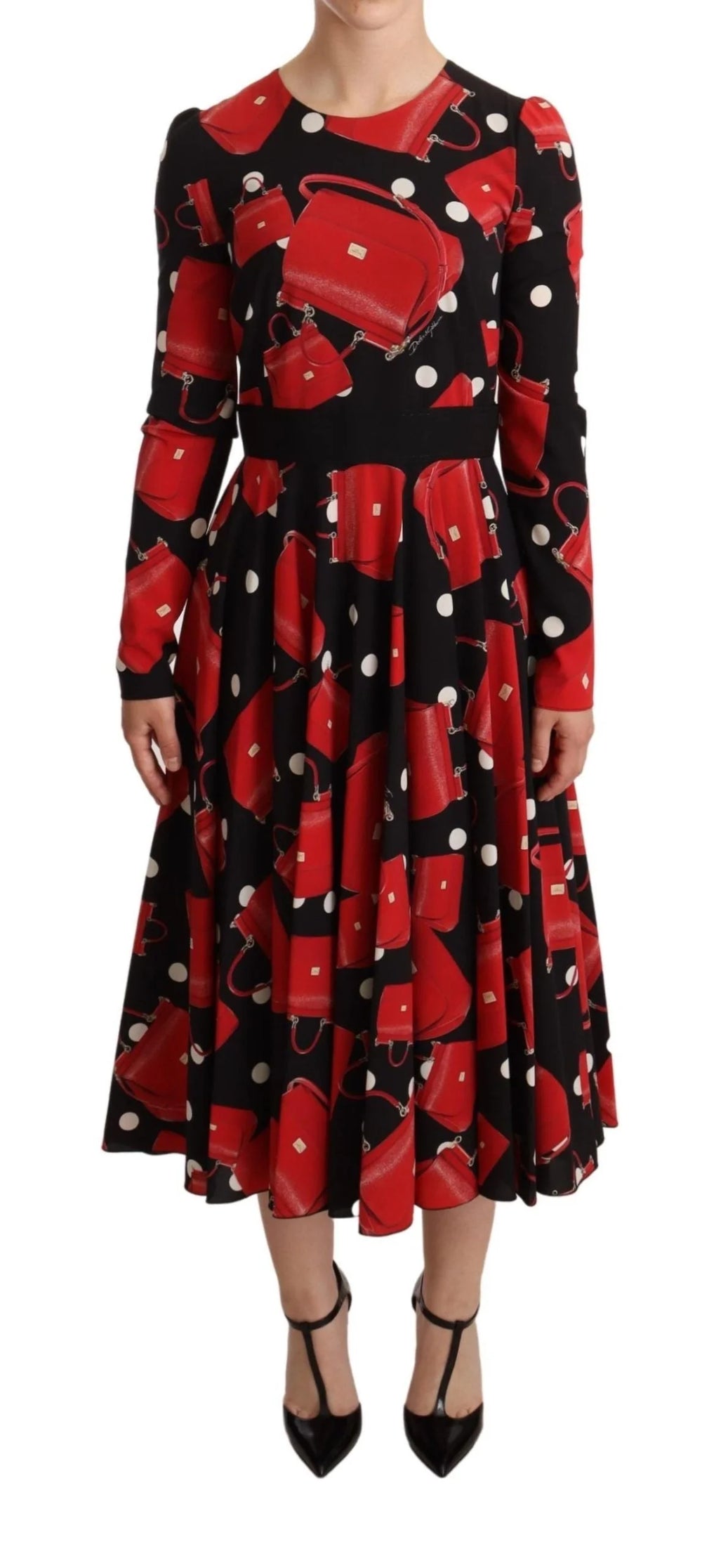 Dolce & Gabbana Black Sicily Bag Print Flared Midi Dress - IT38|XS - Dresses