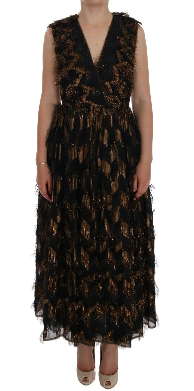 Dolce & Gabbana Black Silk Brown Fringes A-Line Dress - IT36 | XS - Dresses
