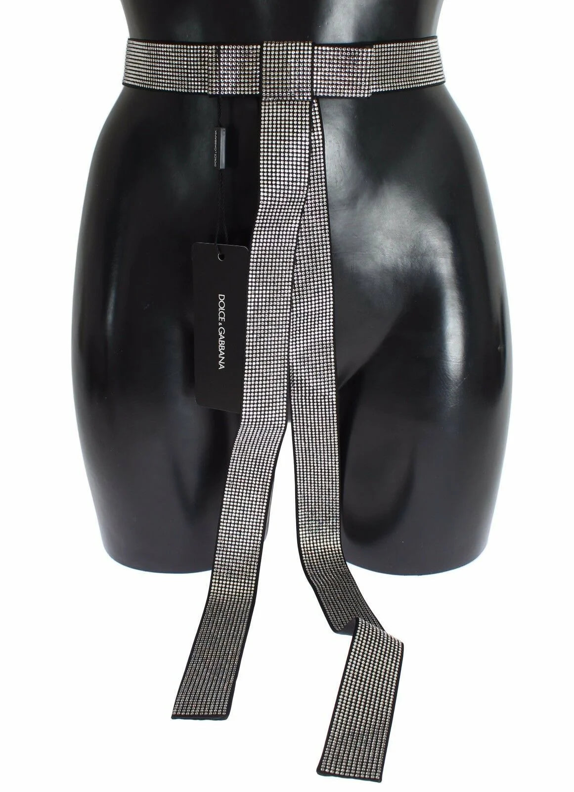 Dolce & Gabbana Black Silk Clear Crystal Bow Waist Belt - S