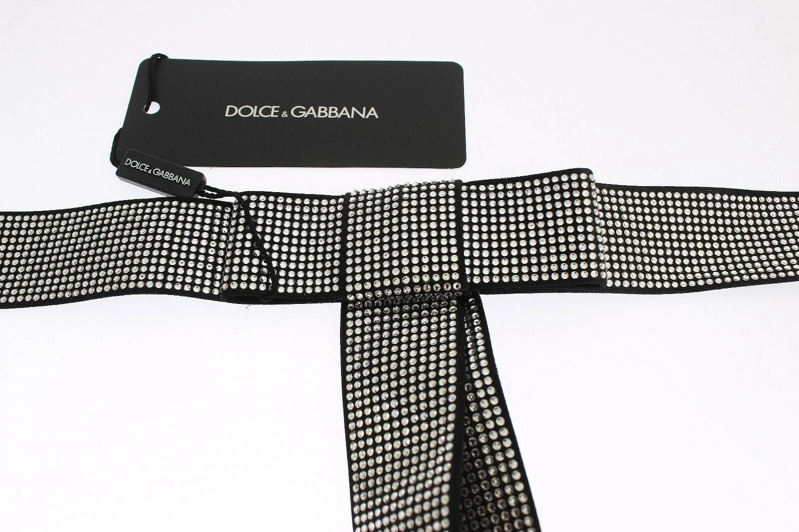 Dolce & Gabbana Black Silk Clear Crystal Bow Waist Belt - S - Belts