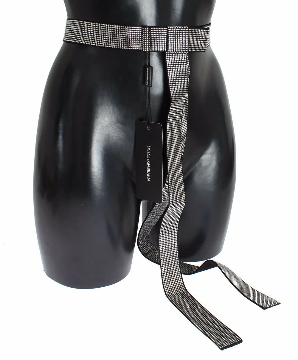 Dolce & Gabbana Black Silk Clear Crystal Bow Waist Belt - S - Belts