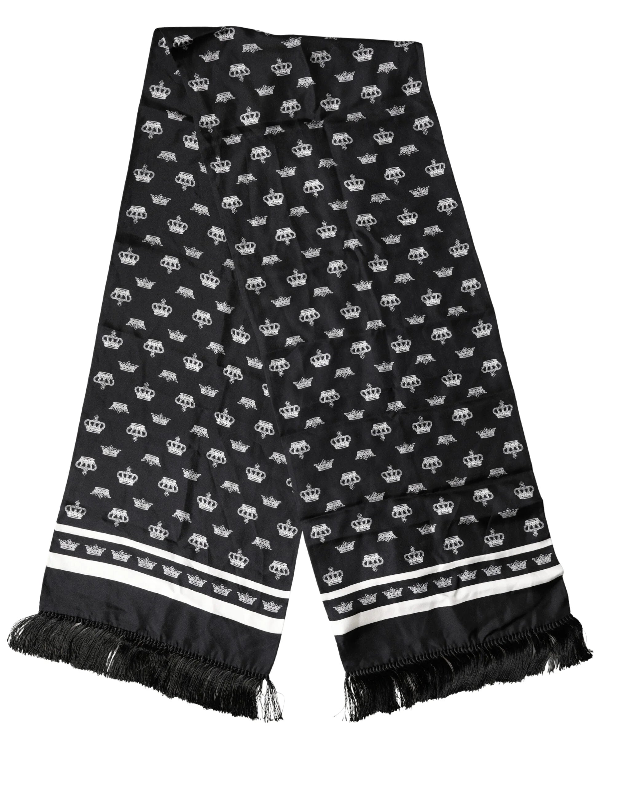 Dolce & Gabbana Black Silk Crown Fringe Neck Wrap 173cm x 32.5cm Scarf