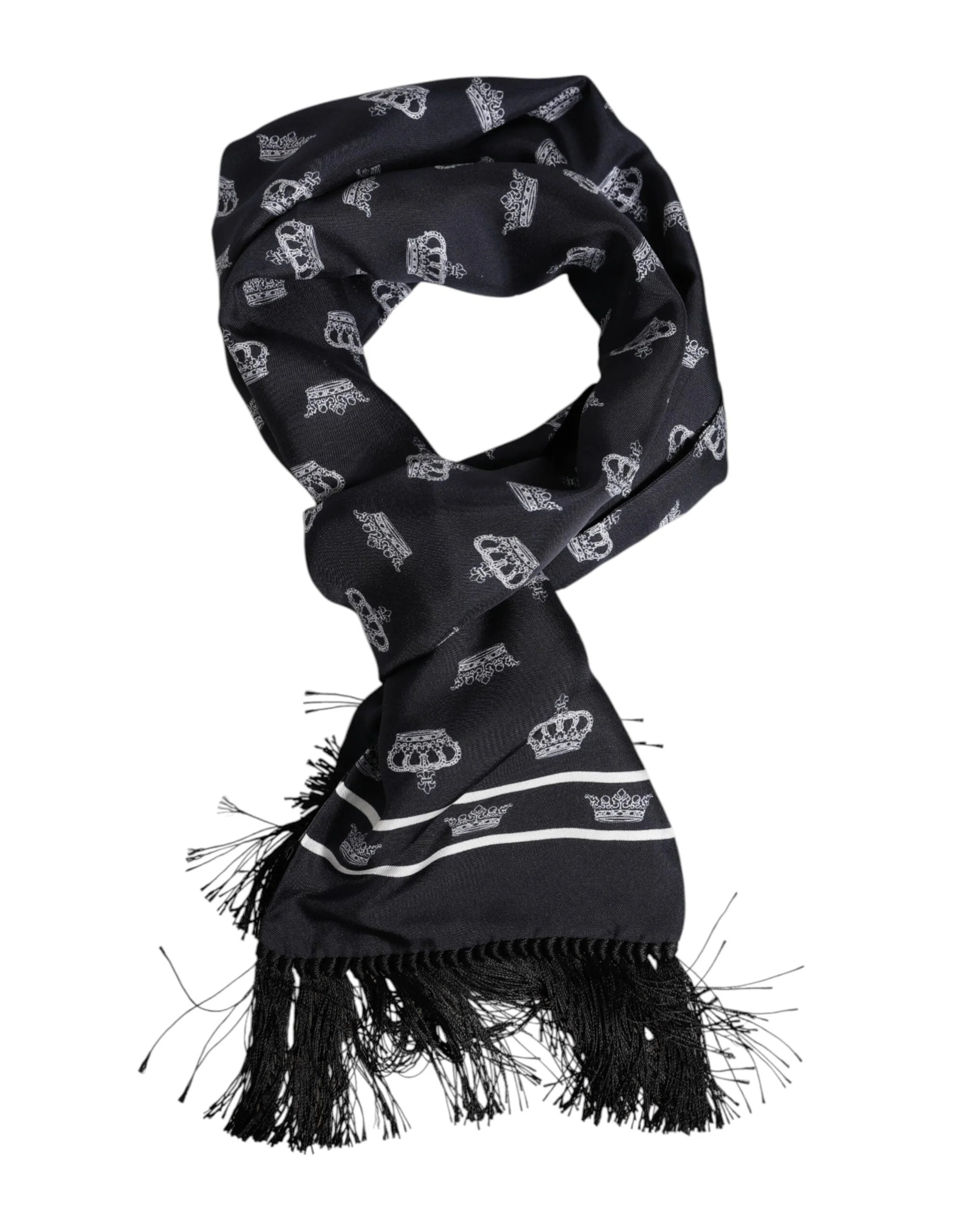 Dolce & Gabbana Black Silk Crown Fringes Men Foulard Scarf - Scarves & Shawls