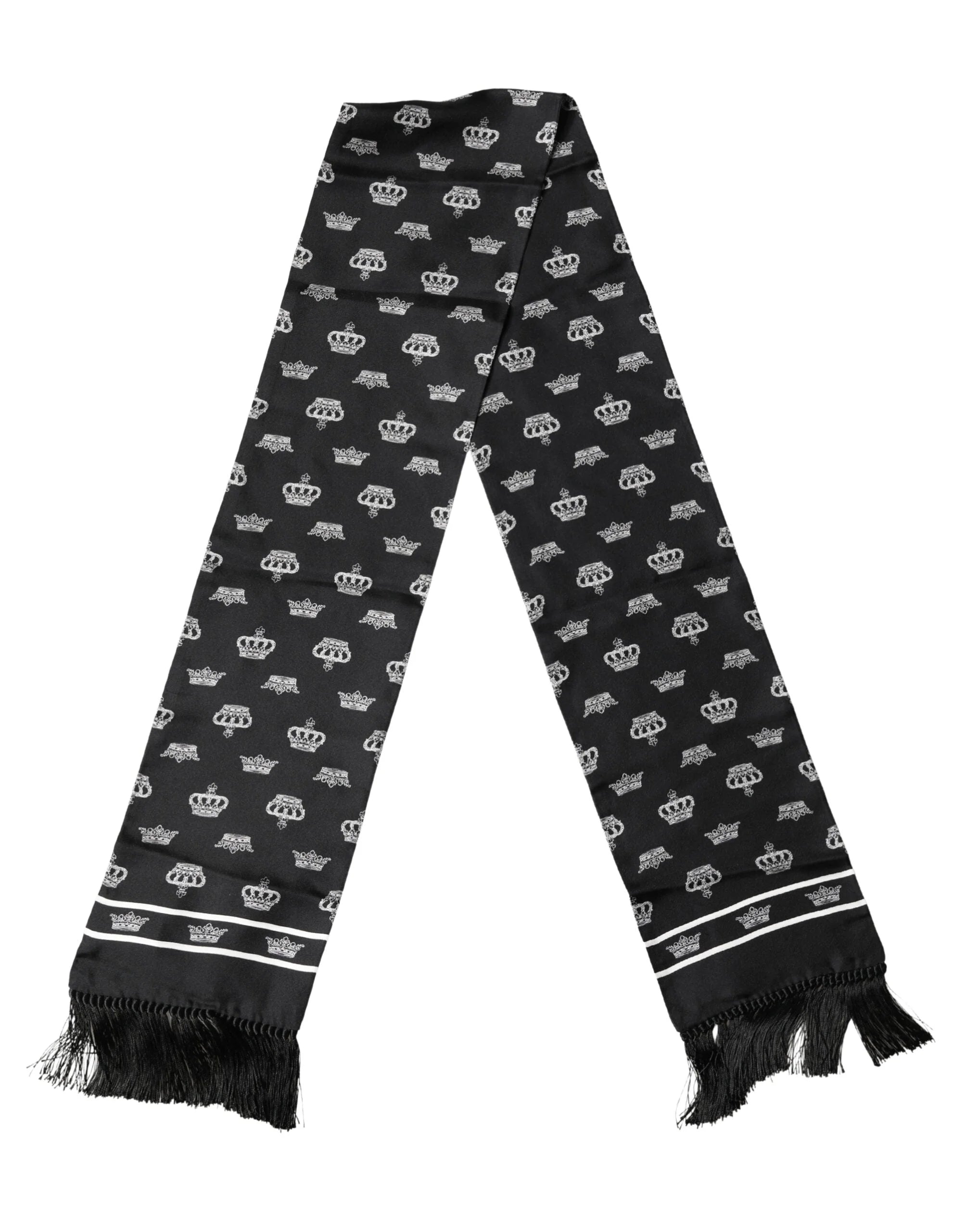 Dolce & Gabbana Black Silk Crown Fringes Neck Wrap Shawl 136cm X 15cm Scarf