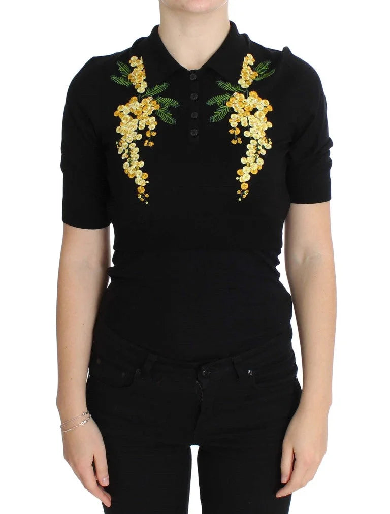 Dolce & Gabbana Black Silk Floral Embroidered Polo Top - IT36|XXS - Polos