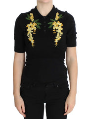 Dolce & Gabbana Black Silk Floral Embroidered Polo Top - IT36|XXS - Polos