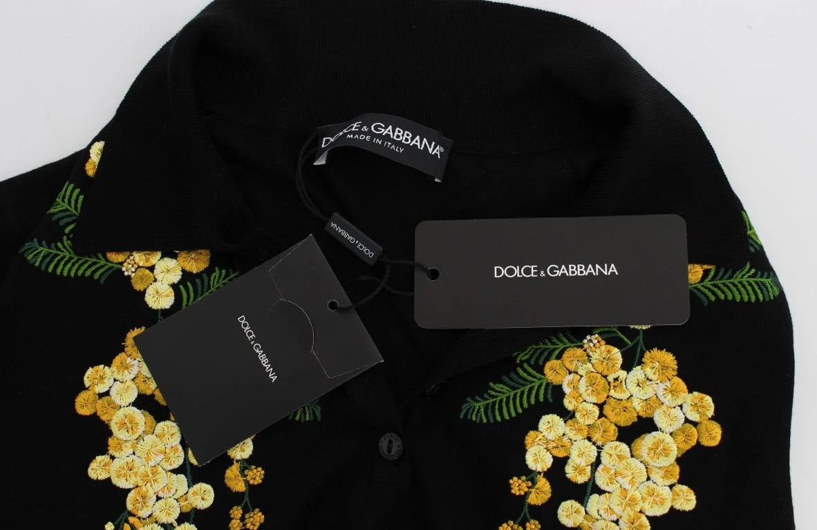 Dolce & Gabbana Black Silk Floral Embroidered Polo Top - IT36|XXS - Polos