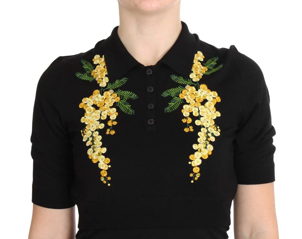 Dolce & Gabbana Black Silk Floral Embroidered Polo Top - IT36|XXS - Polos
