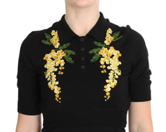 Dolce & Gabbana Black Silk Floral Embroidered Polo Top - IT36|XXS - Polos