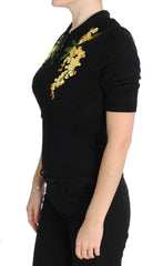 Dolce & Gabbana Black Silk Floral Embroidered Polo Top - IT36|XXS - Polos