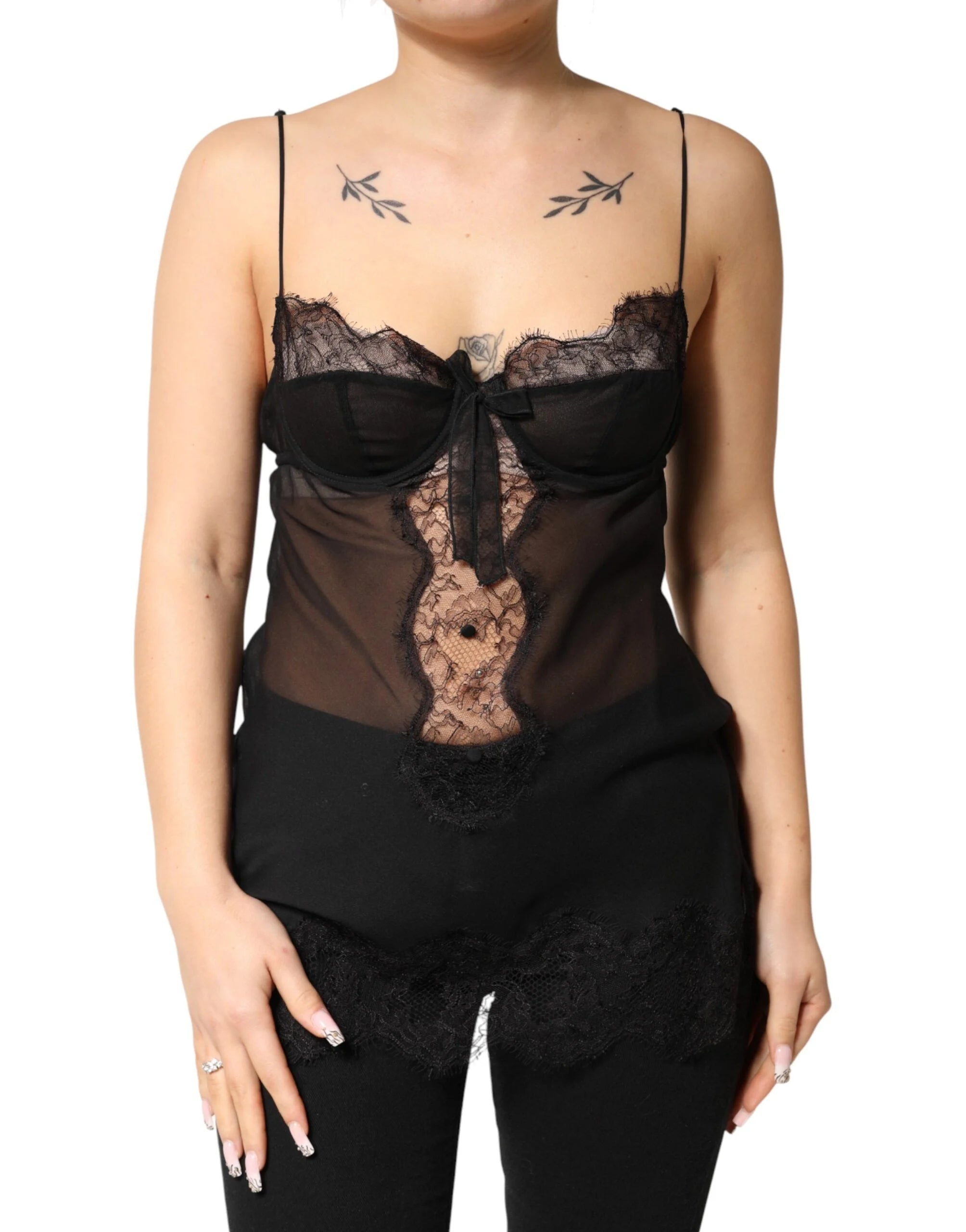 Dolce & Gabbana Black Silk Floral Lace Chemise Lingerie Top - IT2 | S