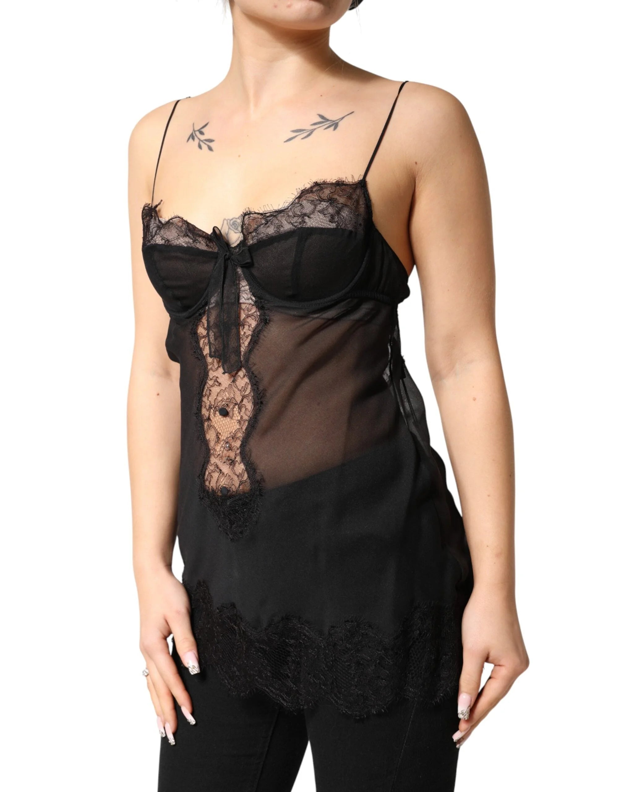 Dolce & Gabbana Black Silk Floral Lace Chemise Lingerie Top - IT2 | S