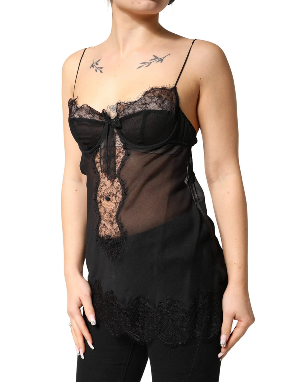 Dolce & Gabbana Black Silk Floral Lace Chemise Lingerie Top - IT2 | S