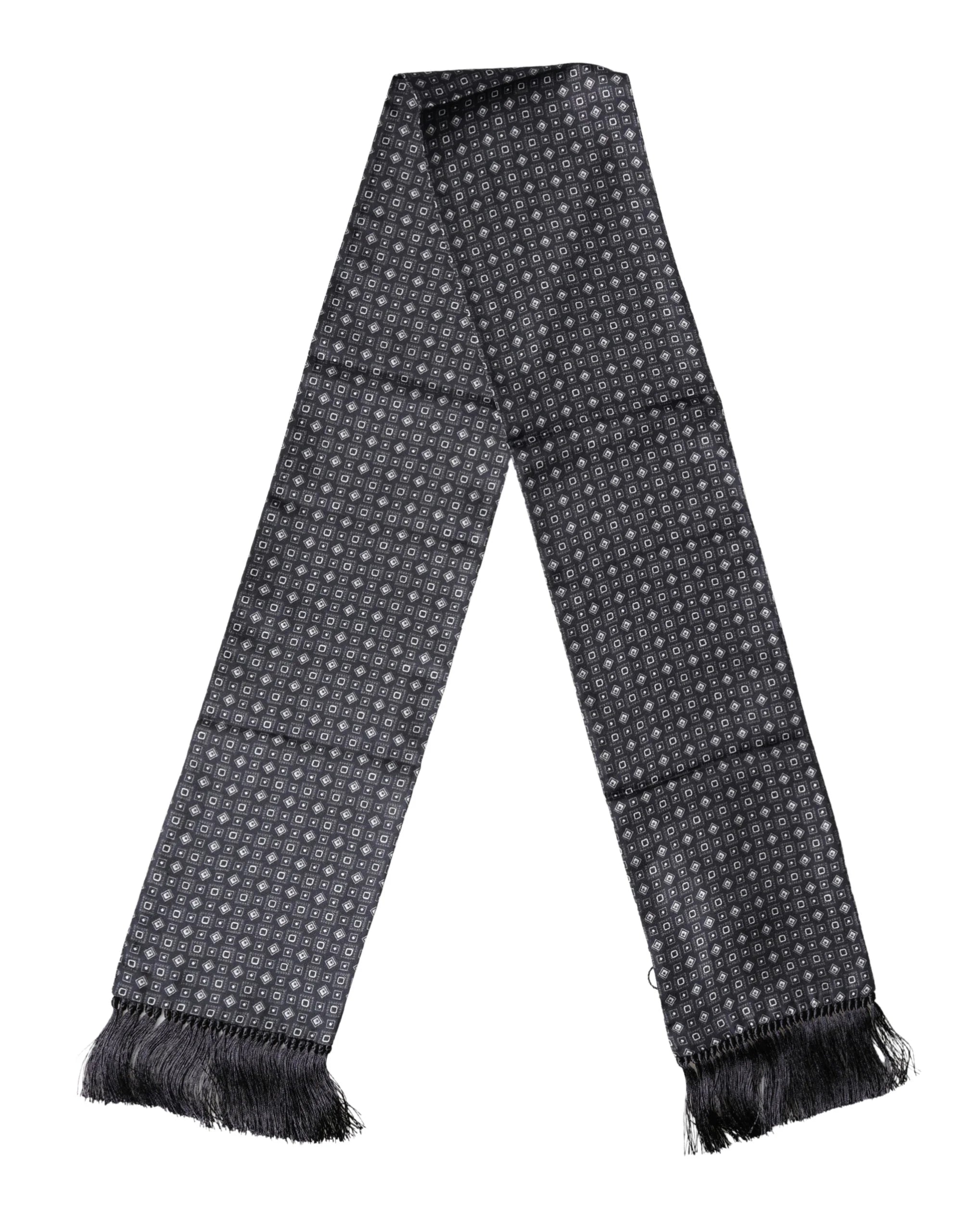 Dolce & Gabbana Black Silk Geometric Fringe Wrap Foulard 136cm X 15cm Scarf