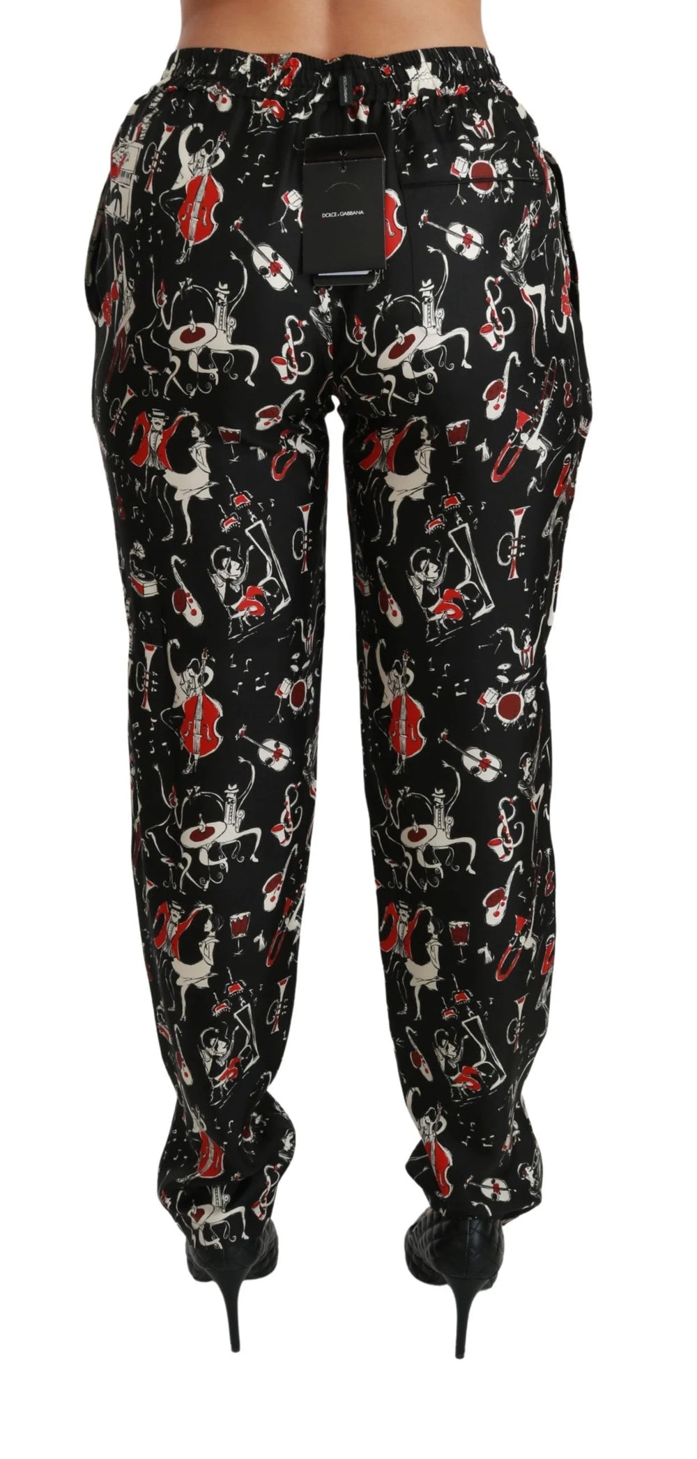 Dolce & Gabbana Black Silk Instrument Mid Waist Pants - Trousers