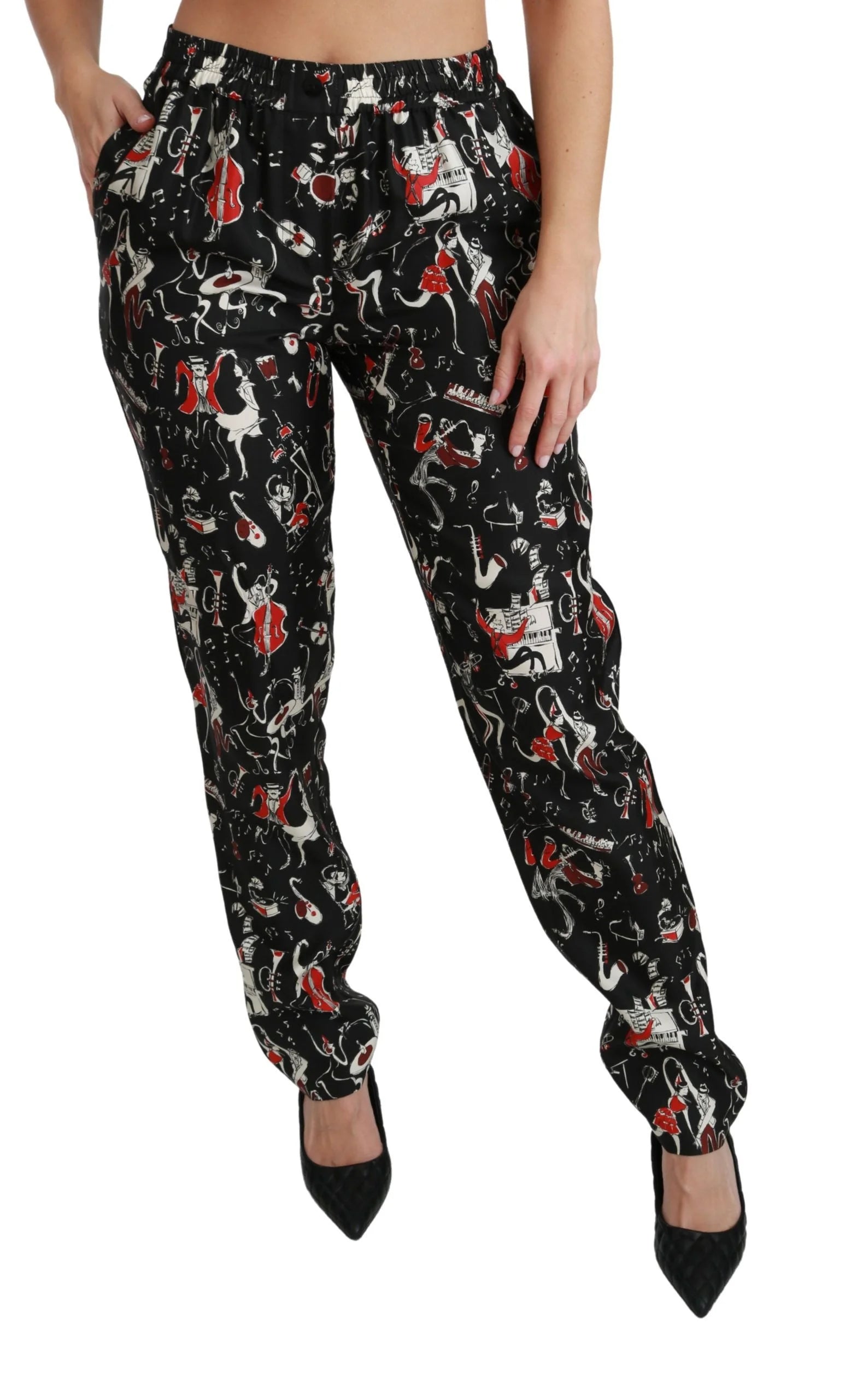 Dolce & Gabbana Black Silk Instrument Mid Waist Pants - Trousers