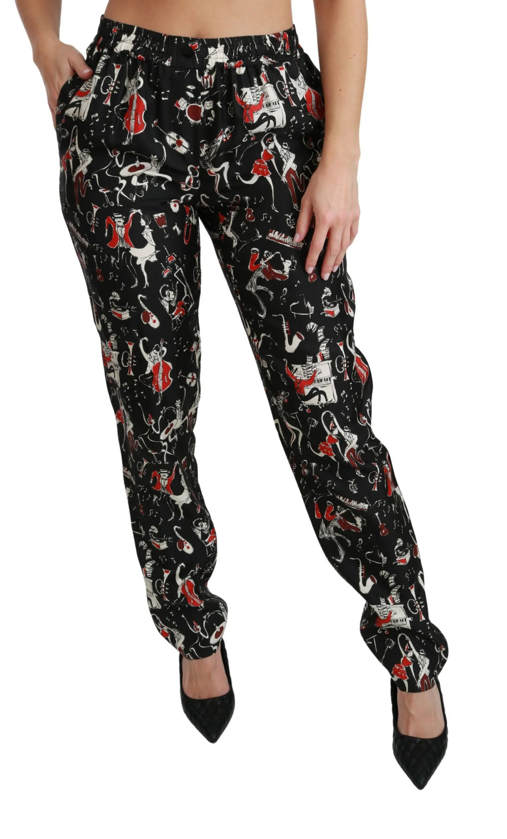 Dolce & Gabbana Black Silk Instrument Mid Waist Pants - Trousers