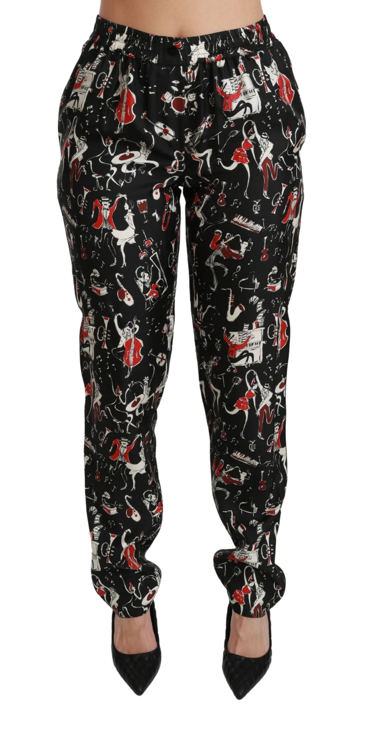 Dolce & Gabbana Black Silk Instrument Mid Waist Pants - Trousers