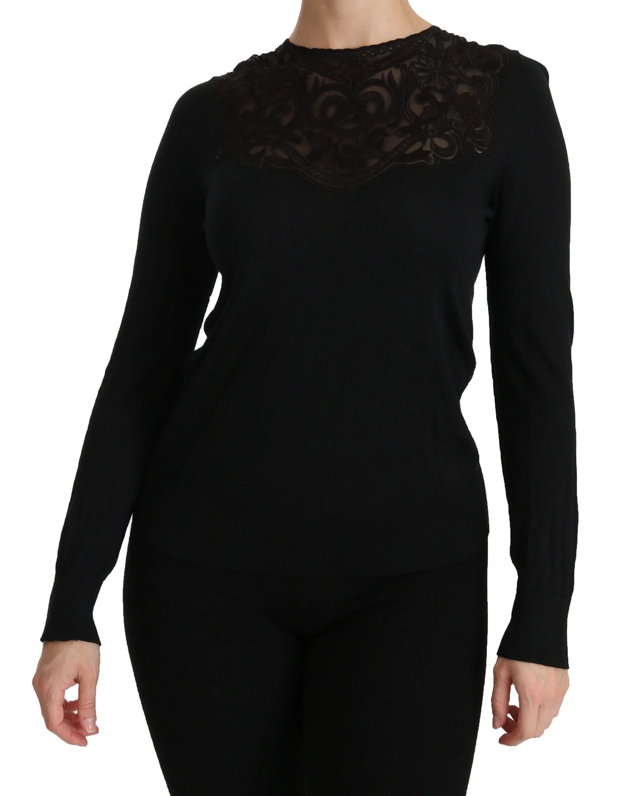 Dolce & Gabbana Black Silk Lace Crew Neck Long Sleeve Blouse - IT40|S - Blouses