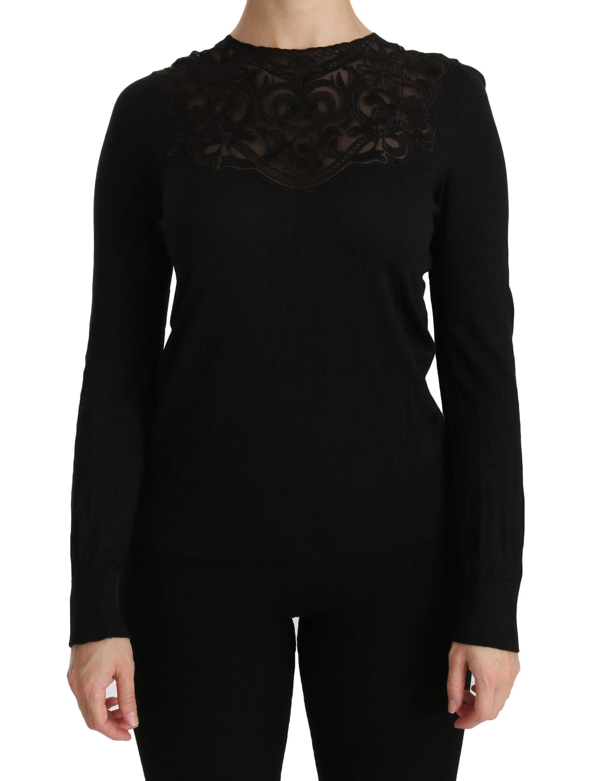 Dolce & Gabbana Black Silk Lace Crew Neck Long Sleeve Blouse - IT40|S - Blouses
