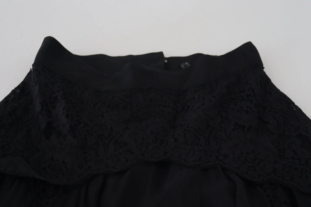 Dolce & Gabbana Black Silk Lace Trim High Waist Midi Skirt - IT40|S - Skirts
