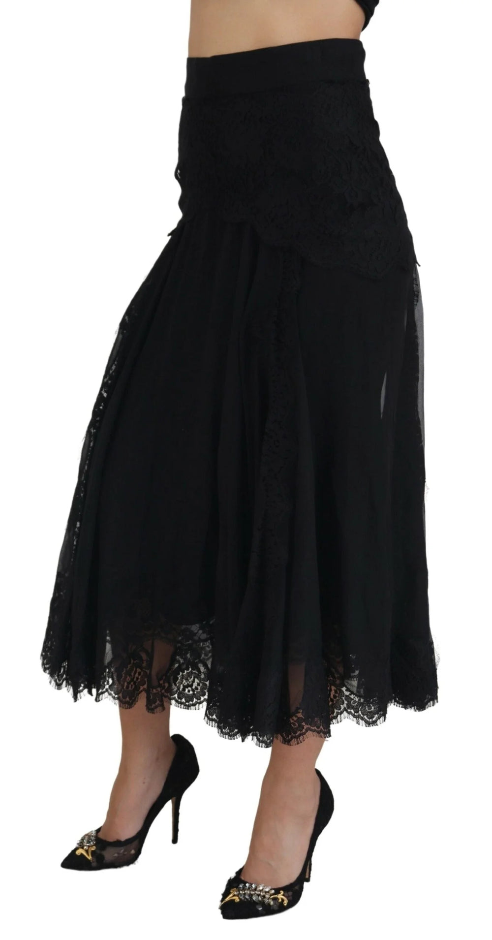 Dolce & Gabbana Black Silk Lace Trim High Waist Midi Skirt - IT40|S - Skirts