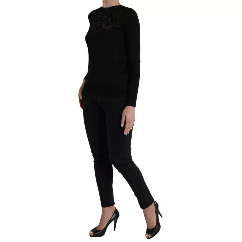 Dolce & Gabbana Black Silk Lace Trim Long Sleeves Blouse Top - IT40|S - Blouses