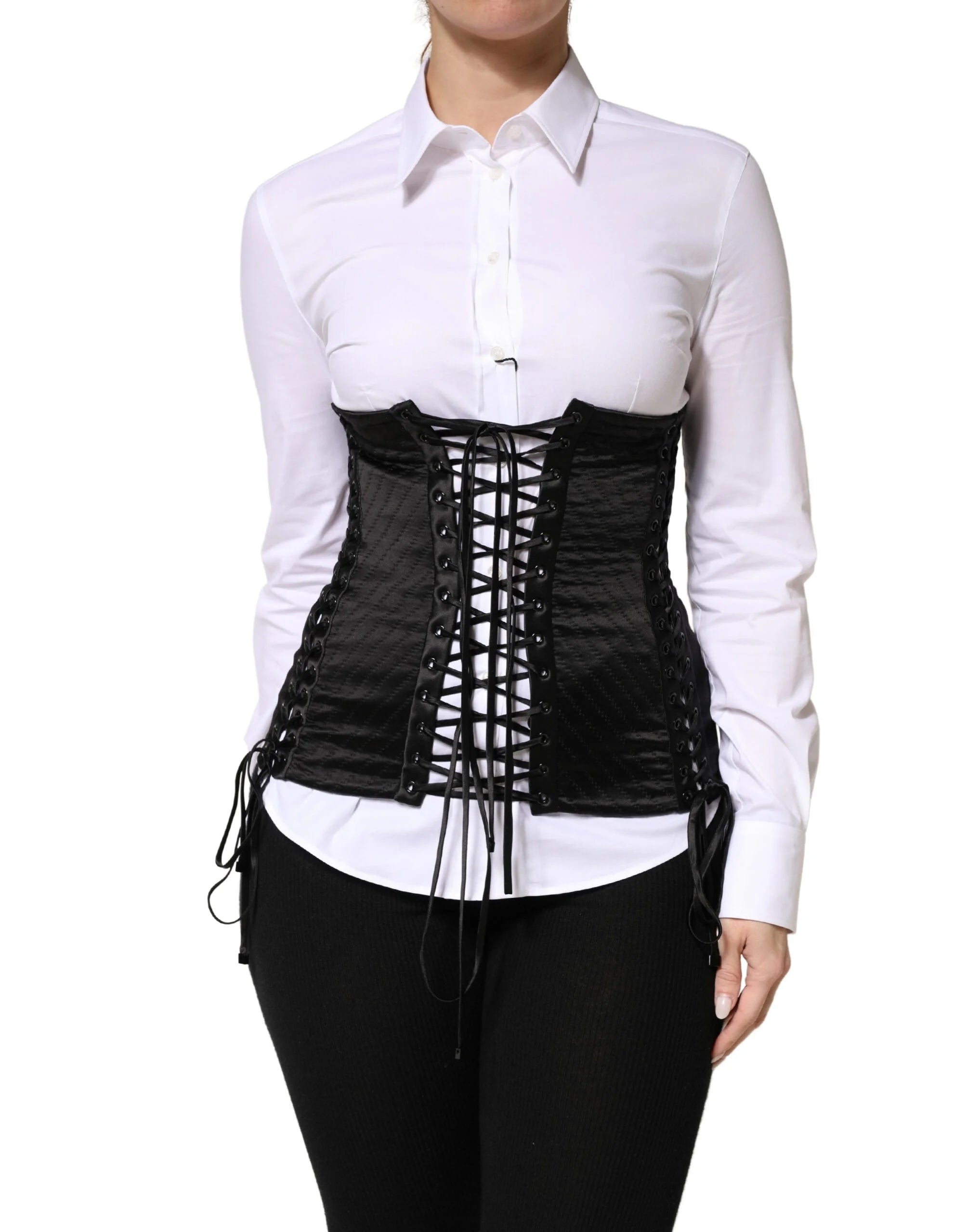 Dolce & Gabbana Black Silk Lace-Up Waist Cincher Corset Top - IT40|S