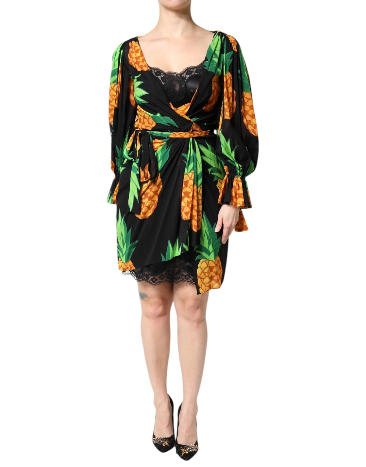 Dolce & Gabbana Black Silk Pineapple Draped Print Wrap Dress - IT40|S - Dresses