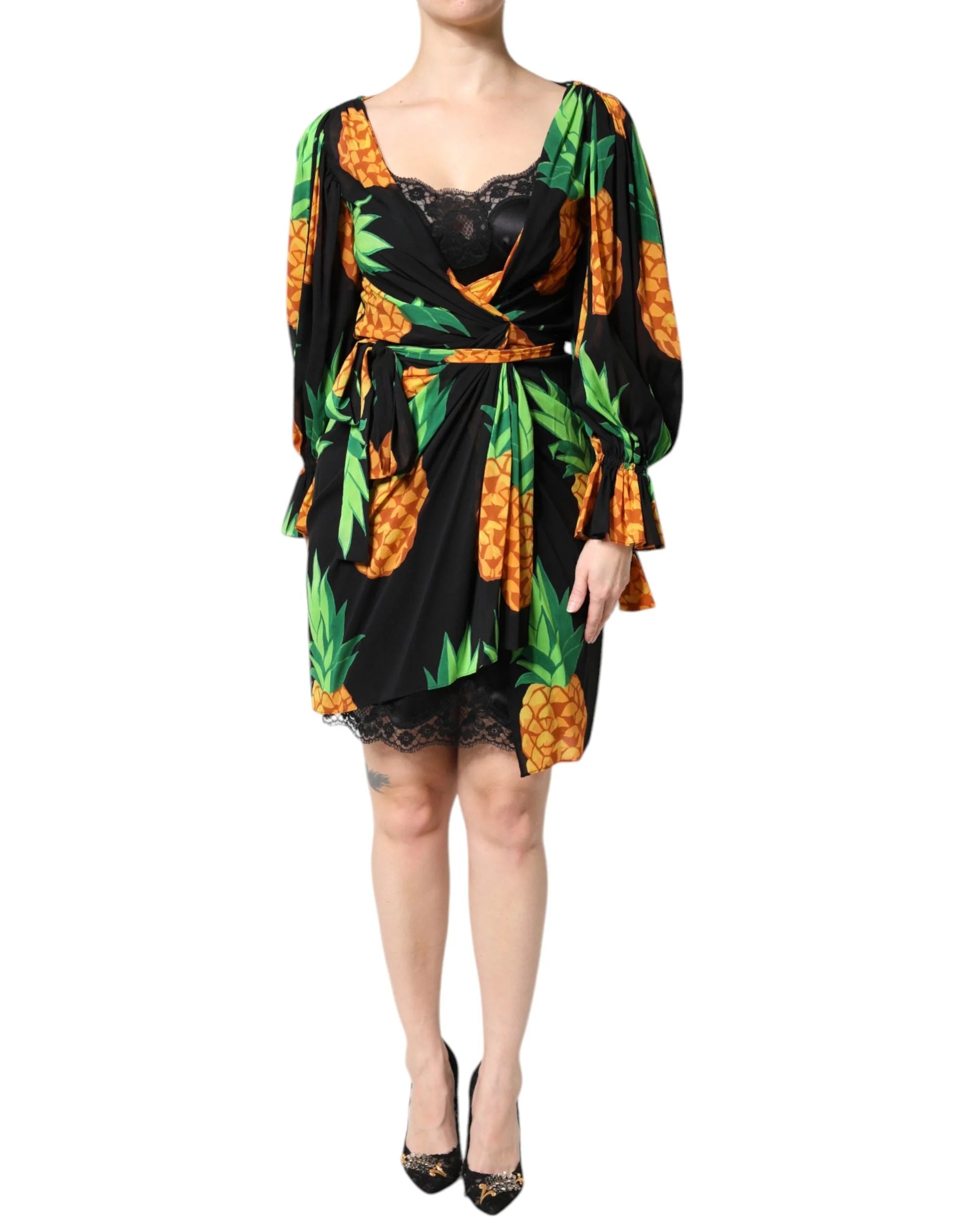 Dolce & Gabbana Black Silk Pineapple Draped Print Wrap Dress - IT40|S - Dresses