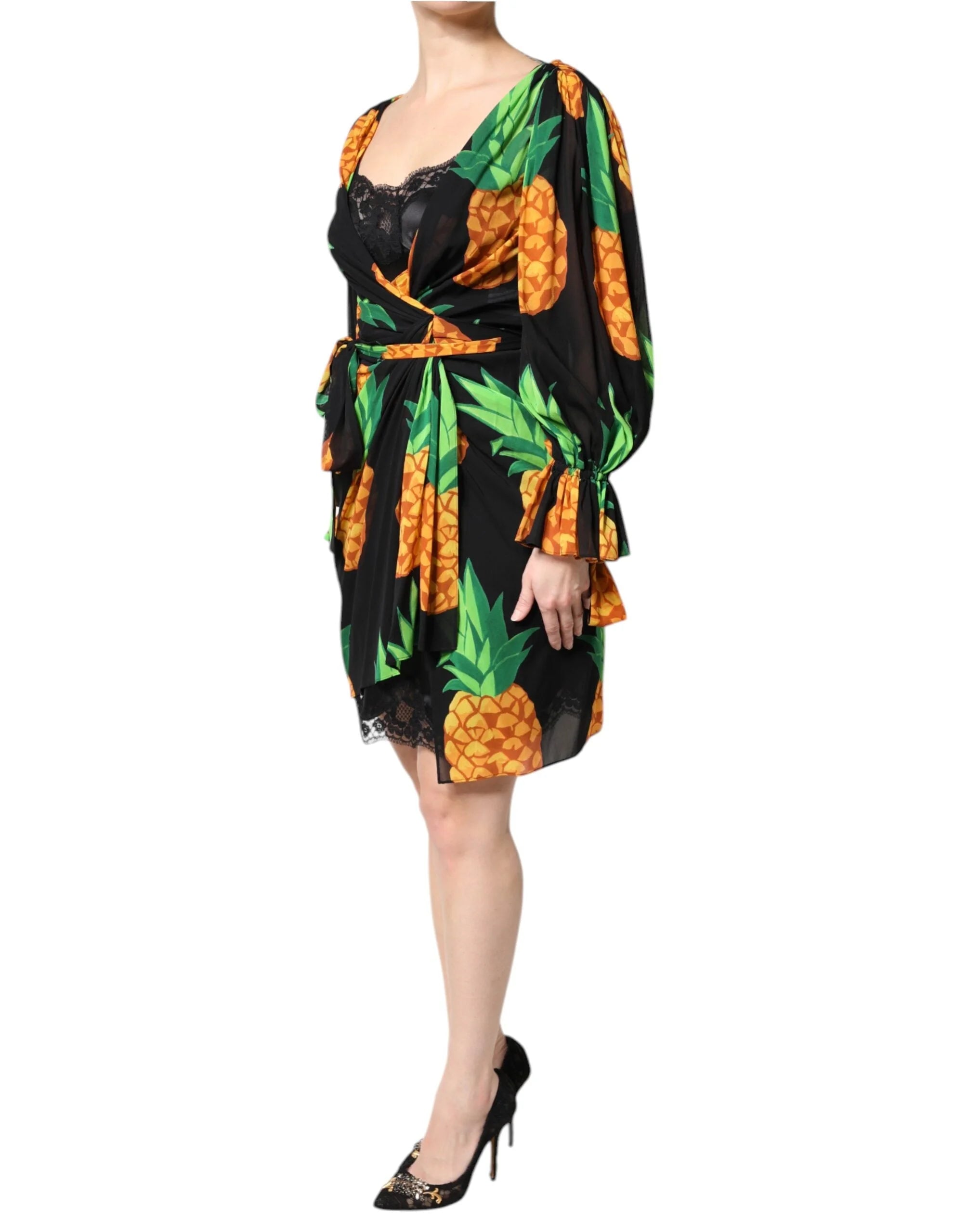 Dolce & Gabbana Black Silk Pineapple Draped Print Wrap Dress - IT40|S - Dresses