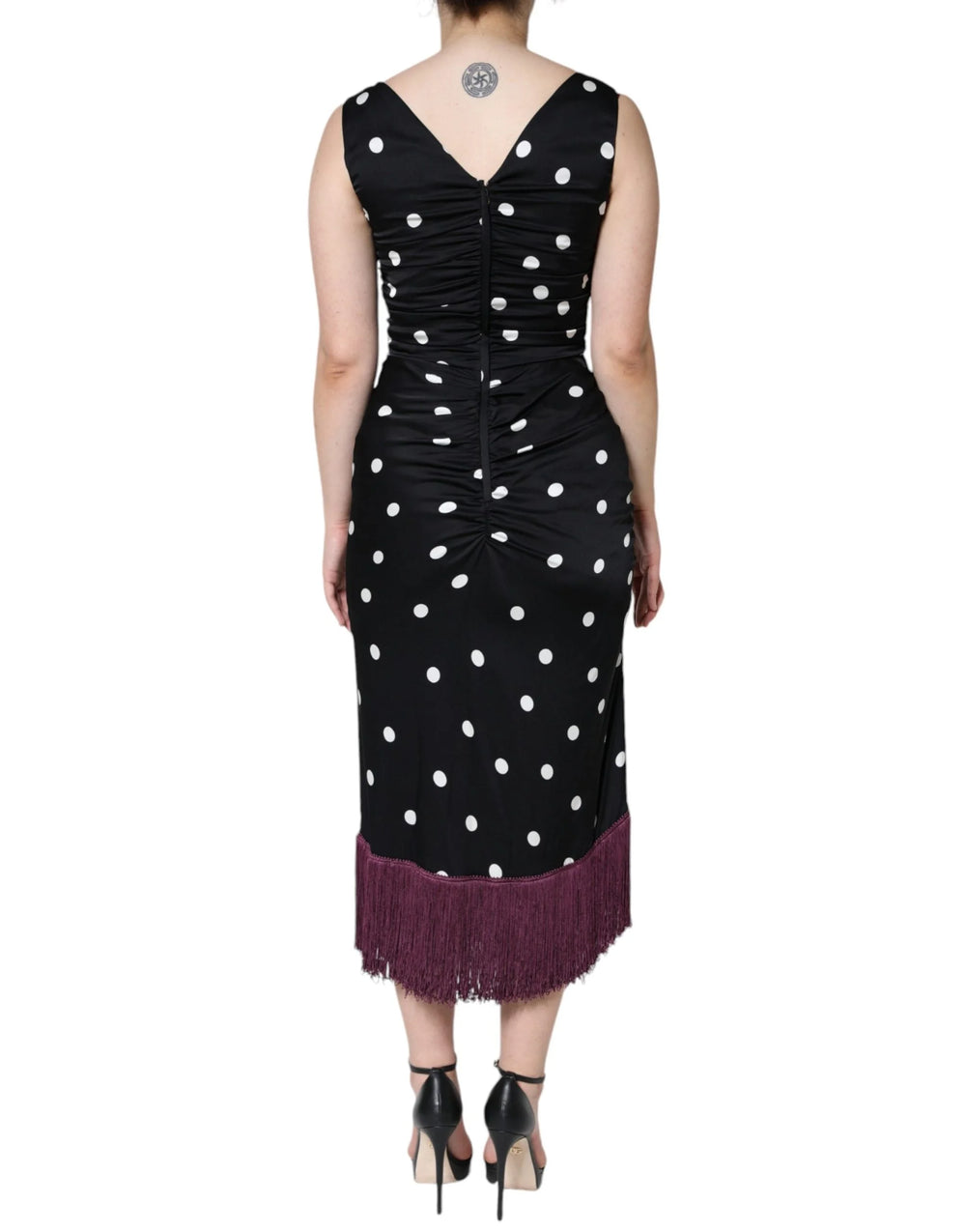 Dolce & Gabbana Black Silk Polka Dot Vneck Tassel Midi Dress - Dresses