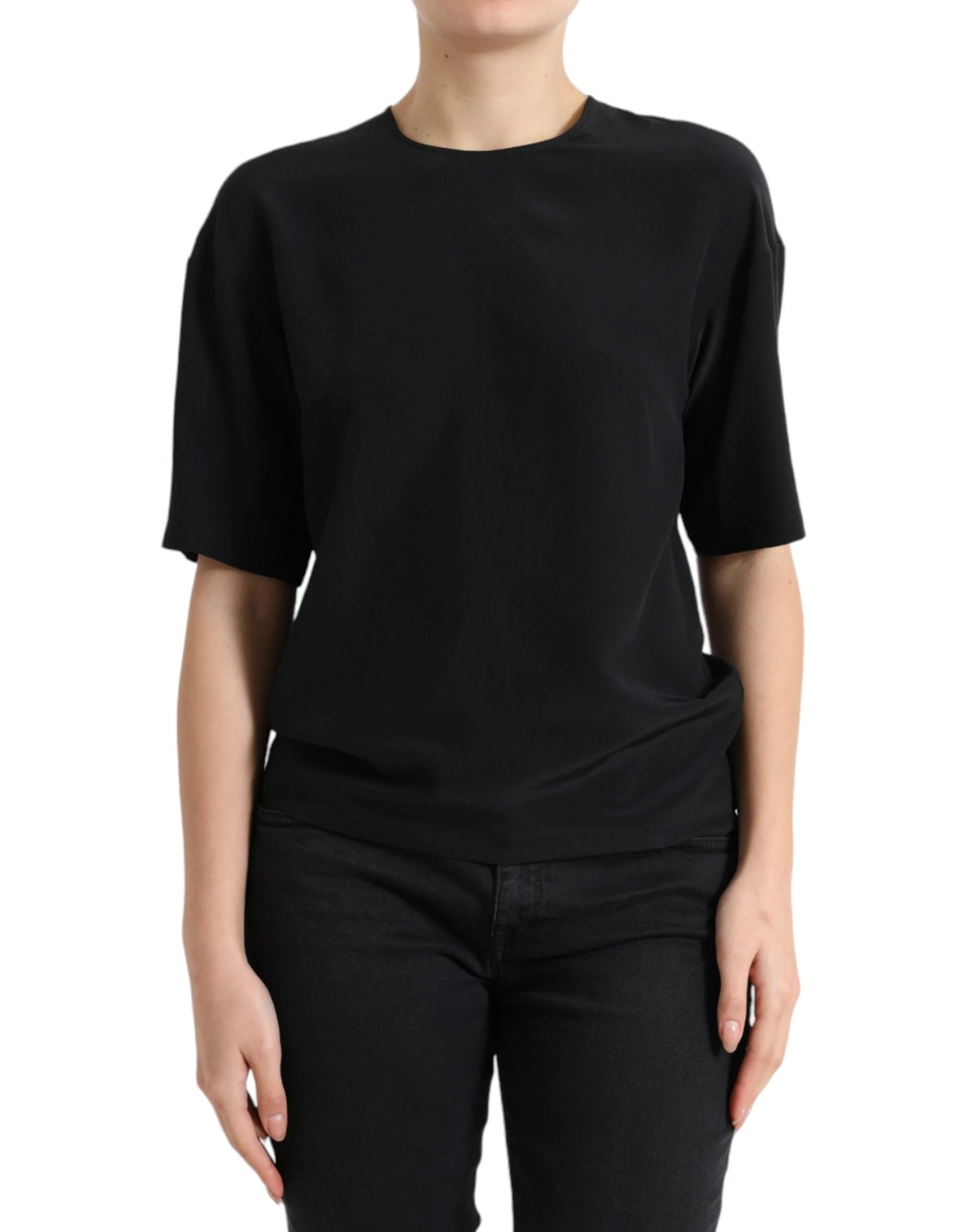 Dolce & Gabbana Black Silk Round Neck Short Sleeve Blouse Top - IT40|S - Blouses