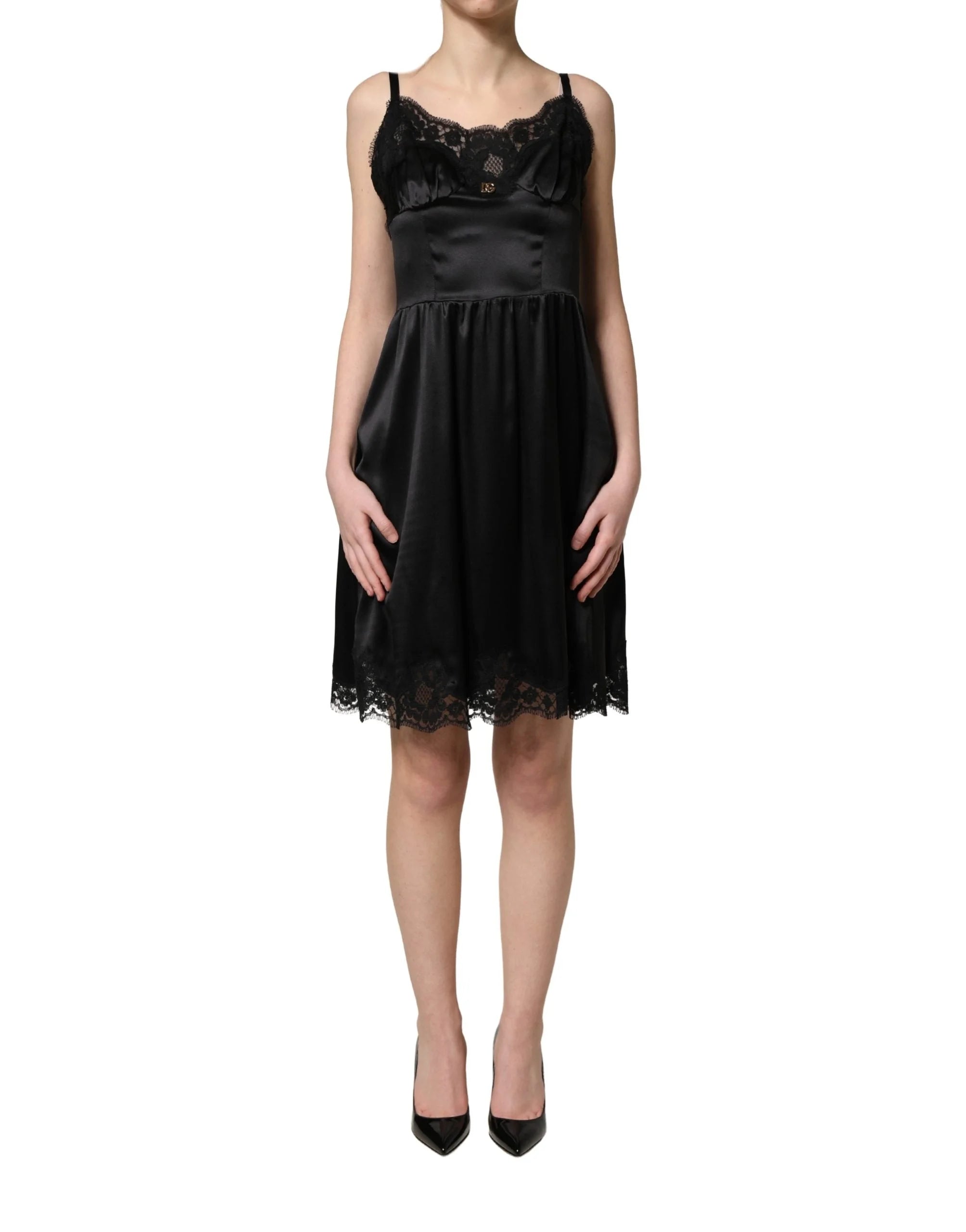 Dolce & Gabbana Black Silk Satin Lace Sleeveless Mini Dress - IT36|XXS