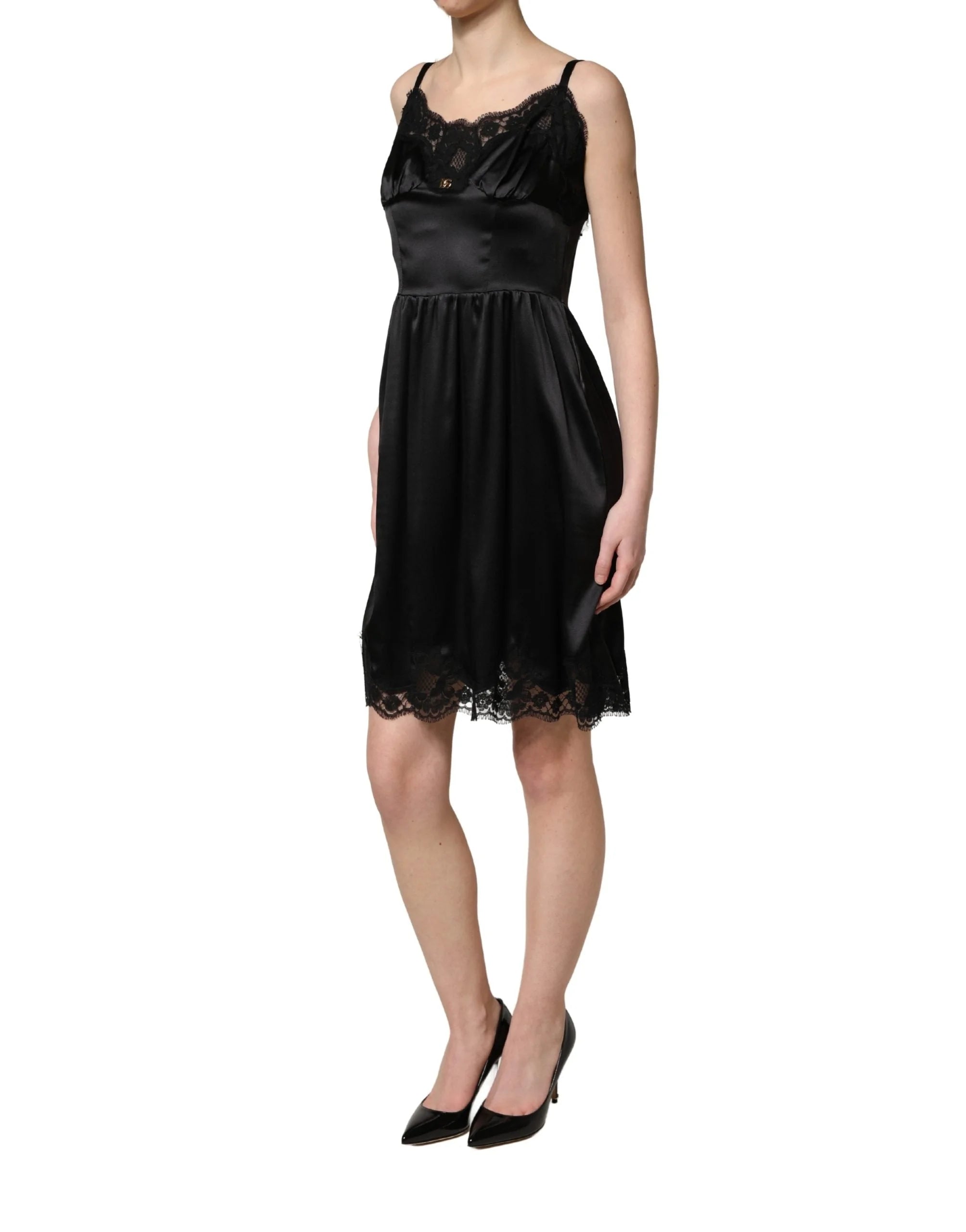 Dolce & Gabbana Black Silk Satin Lace Sleeveless Mini Dress - IT36|XXS