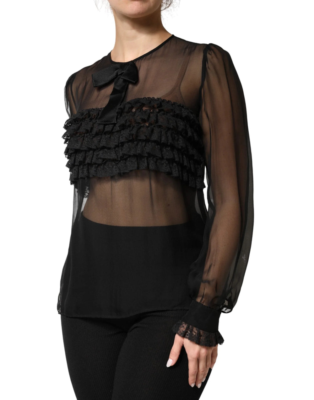 Dolce & Gabbana Black Silk Sheer Ruffle Tie-Neck Blouse Top - IT42|M