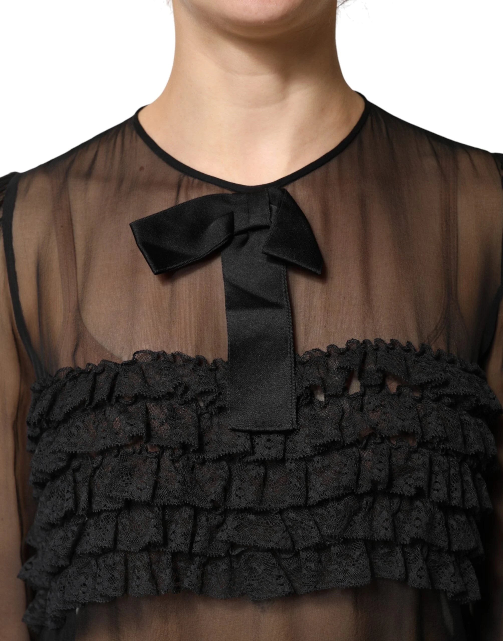 Dolce & Gabbana Black Silk Sheer Ruffle Tie-Neck Blouse Top - IT42|M