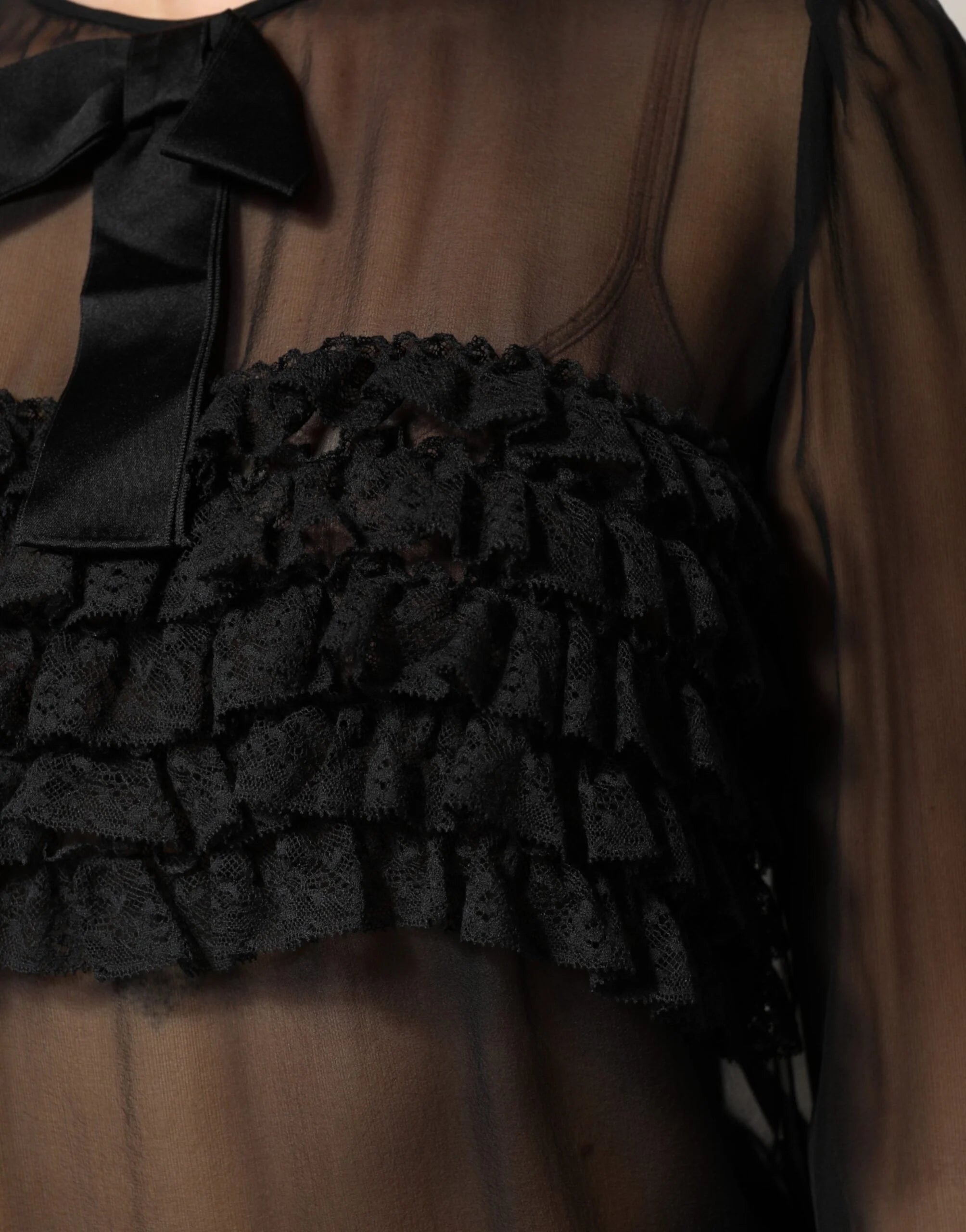 Dolce & Gabbana Black Silk Sheer Ruffle Tie-Neck Blouse Top - IT42|M