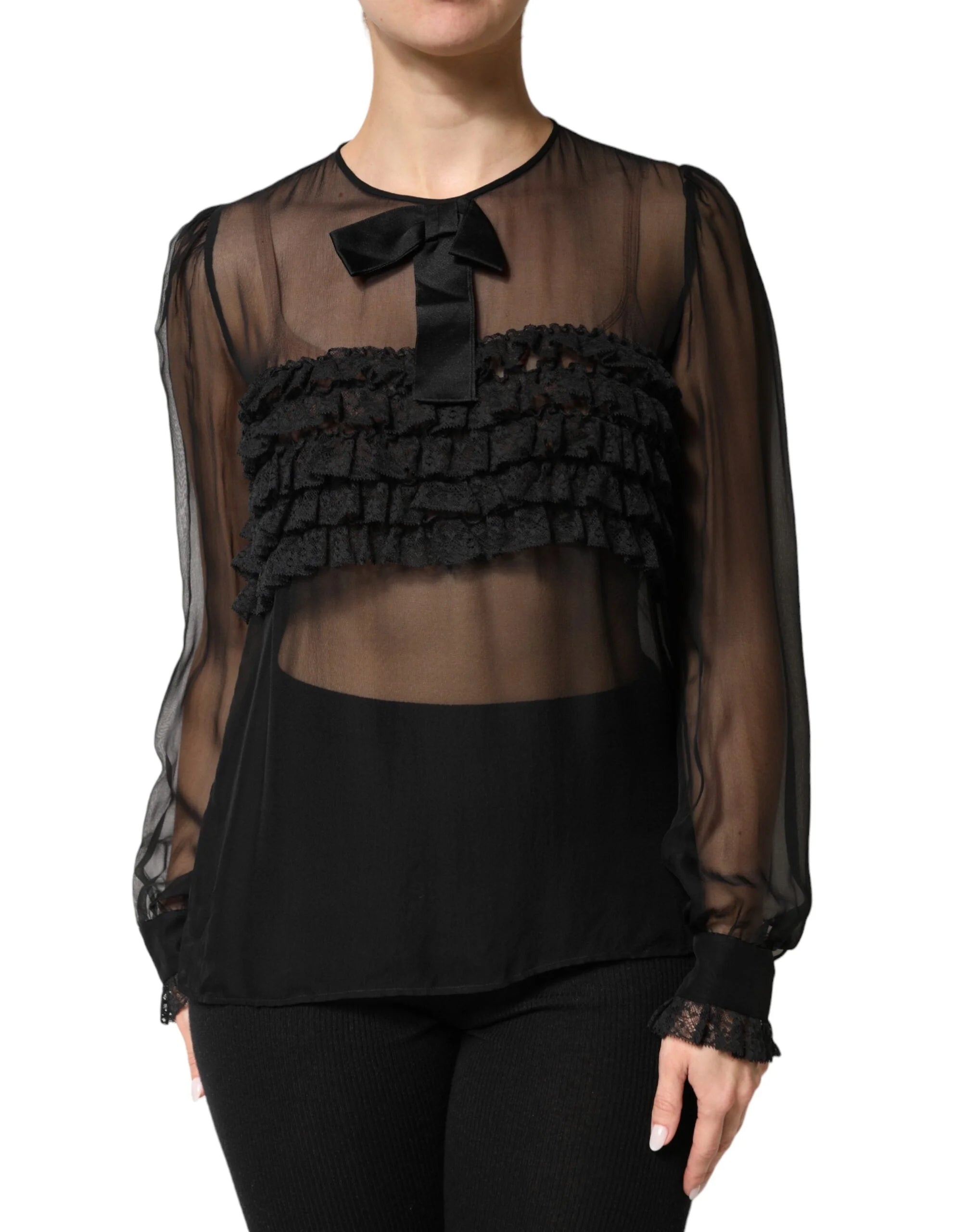 Dolce & Gabbana Black Silk Sheer Ruffle Tie-Neck Blouse Top - IT42|M