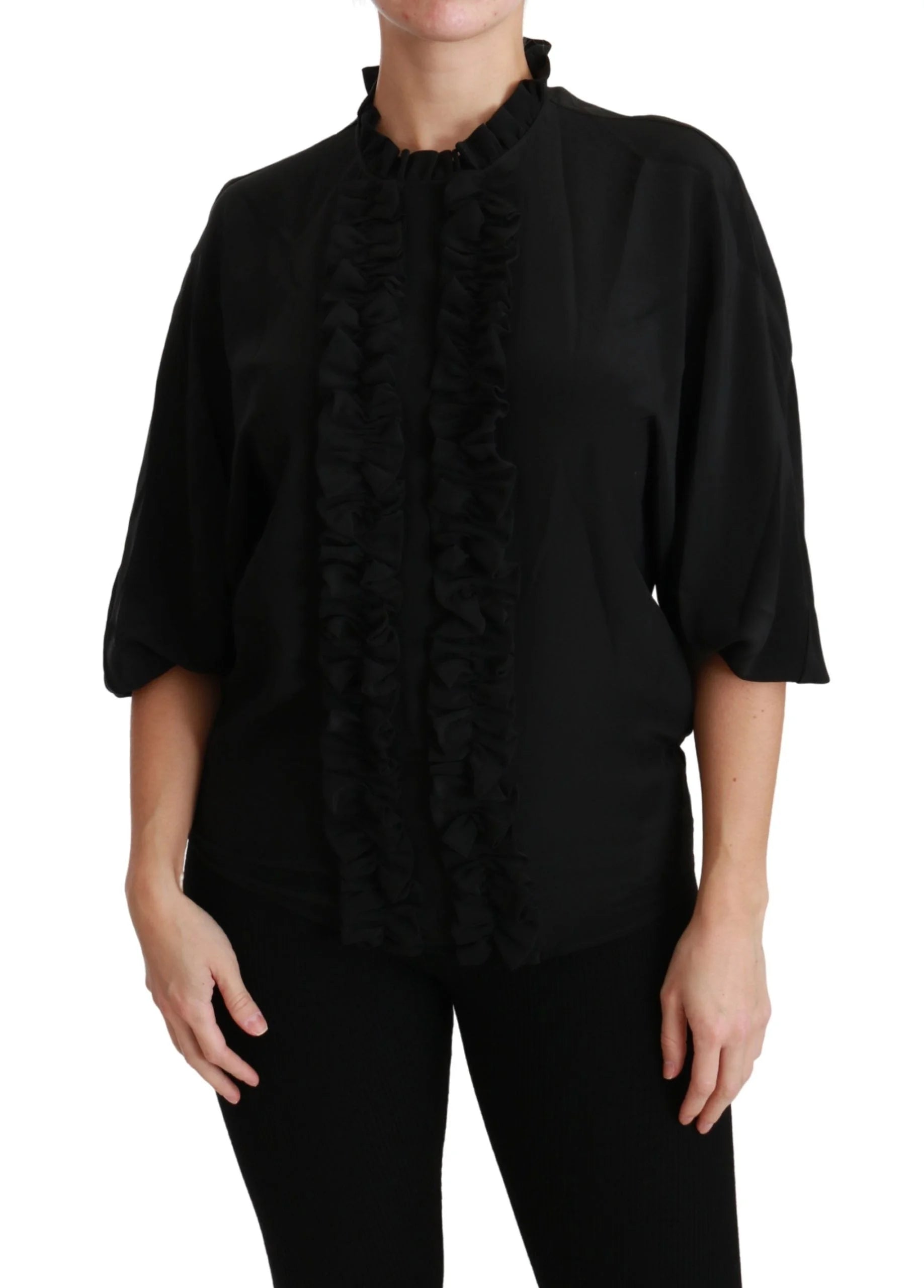 Dolce & Gabbana Black Silk Shirt Ruffled Top Blouse - IT36 | XS - Blouses
