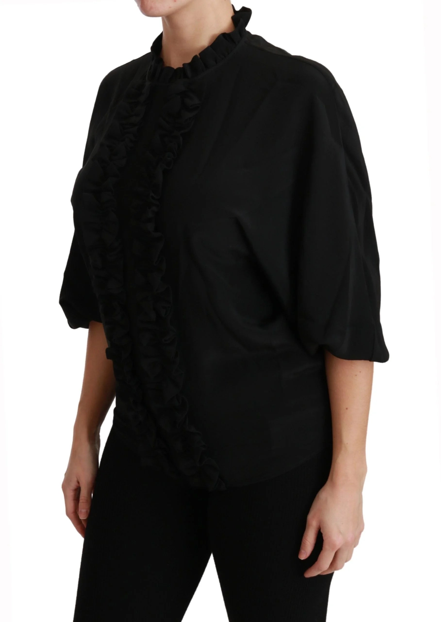 Dolce & Gabbana Black Silk Shirt Ruffled Top Blouse - IT36 | XS - Blouses