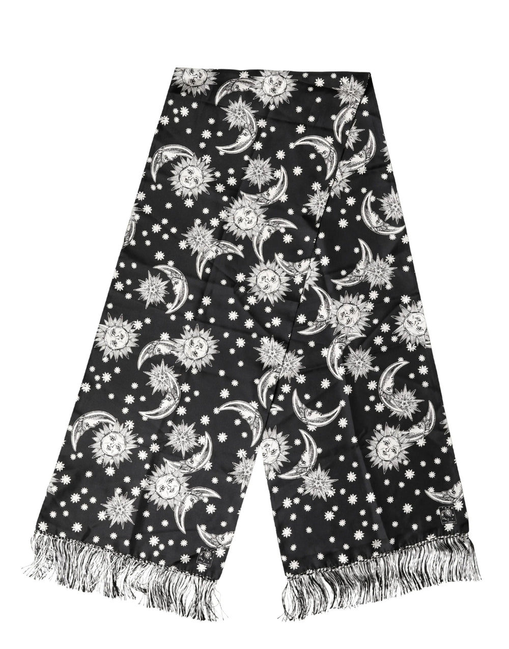Dolce & Gabbana Black Silk Sun Moon Star Fringe Foulard 178cm X 33cm Scarf