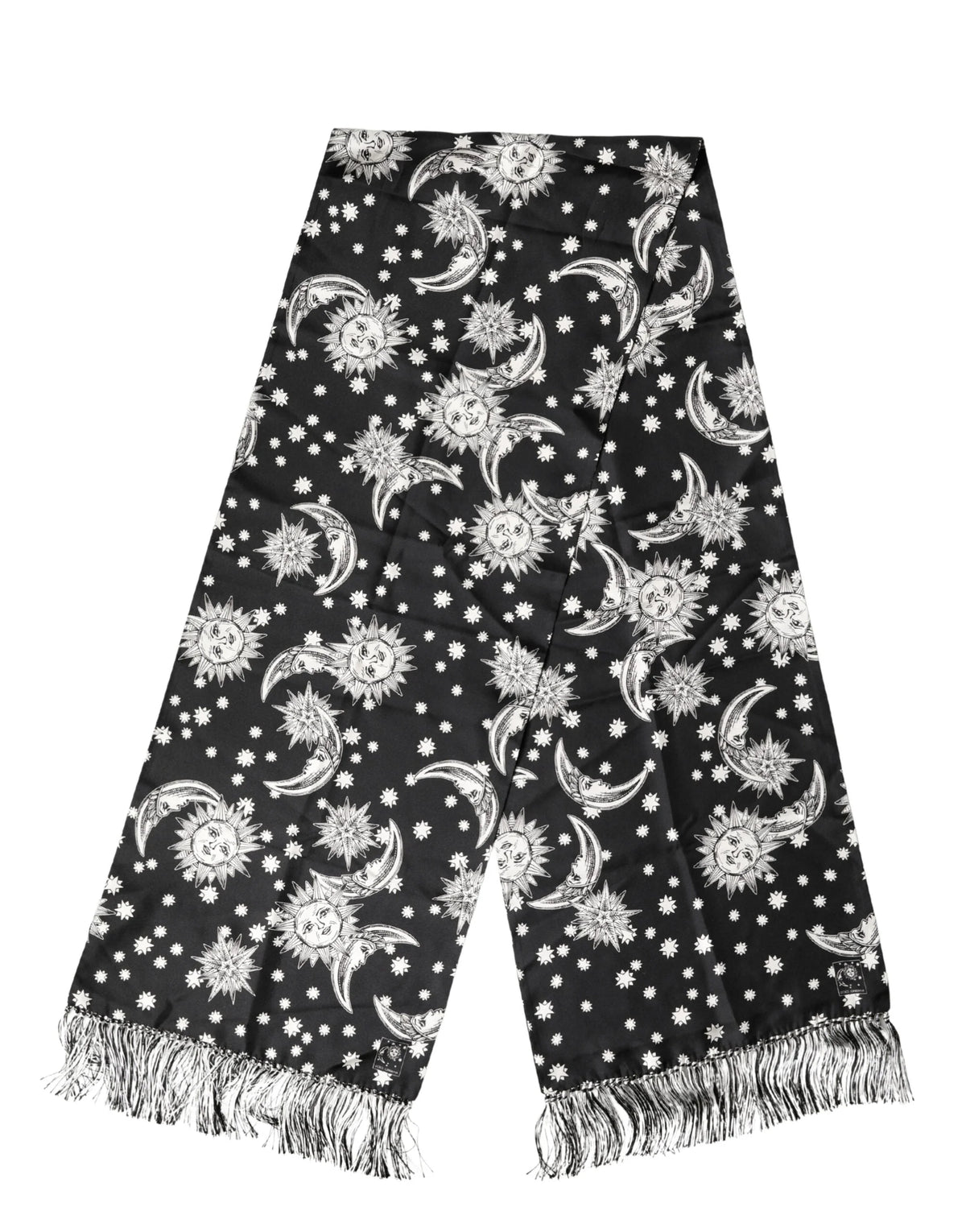 Dolce & Gabbana Black Silk Sun Moon Star Fringe Foulard 178cm X 33cm Scarf