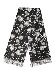 Dolce & Gabbana Black Silk Sun Moon Star Fringe Foulard 178cm X 33cm Scarf