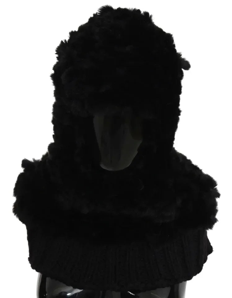 Dolce & Gabbana Black Silver Fox Fur Cashmere Hooded Scarf - Scarves & Shawls