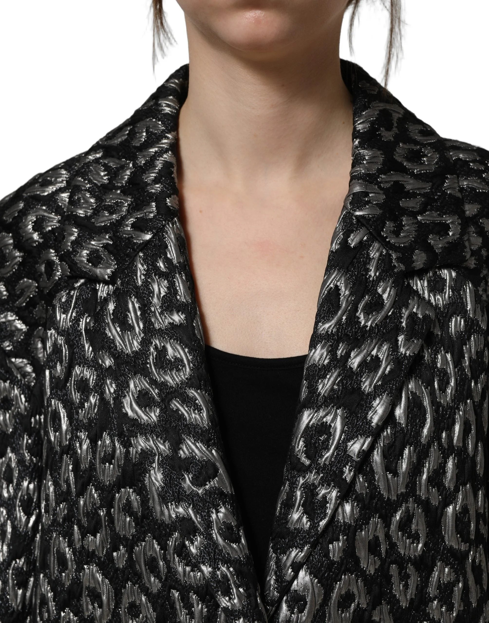 Dolce & Gabbana Black Silver Jacquard Leopard Coat Jacket - IT38 | XS